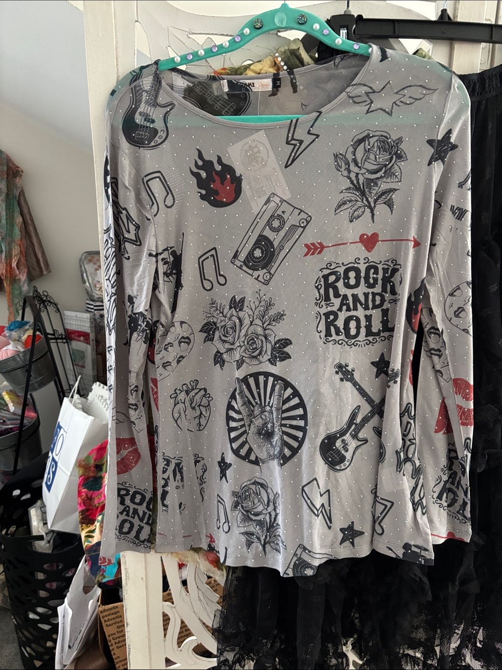 Rock & Roll Graphic Long-Sleeve Tee - Gray Mesh - Picture 2 of 4